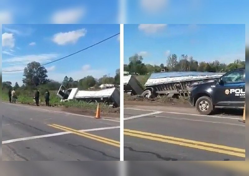 El transporte de carga qued? en una zanja. Foto: Twitter/imagen video @emergenciasAR