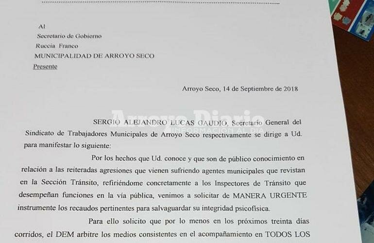 La nota. El escrito que ingres? esta ma?ana por Mesa de Entrada de la Municipalidad.