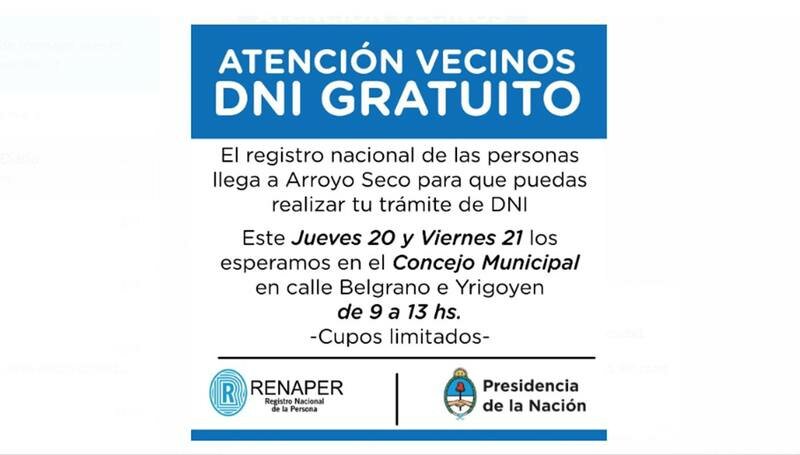 Imagen de Tr?mite gratuito de DNI en Arroyo Seco